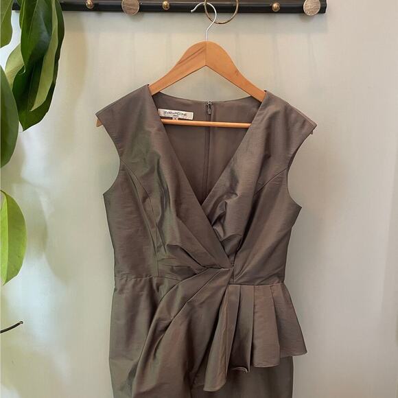 Evan Picone Size 6 Cocktail Dress | Y2K Draped Peplum, Taupe Silver Elegant Vibe - Picture 4 of 8